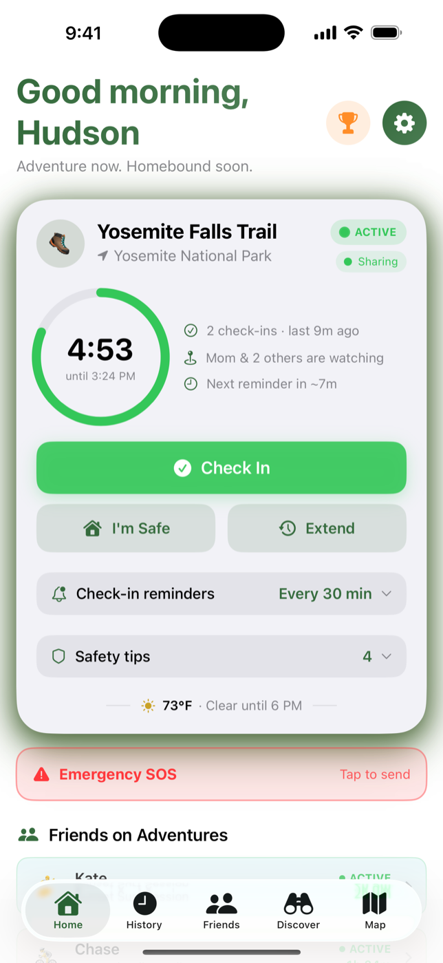 Homebound home screen showing an active trip with a countdown to the return time, Check In, I'm Safe and Extend buttons, and an Emergency SOS bar