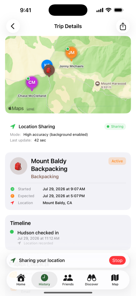 Trip details screen with everyone's live locations on one map and location sharing turned on
