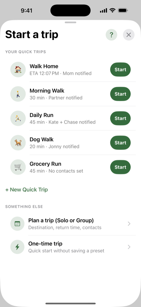Start a trip screen with one-tap Quick Trips and options to plan a solo or group trip