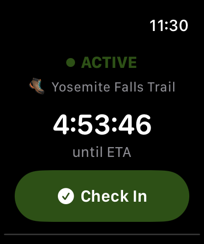 Homebound on Apple Watch showing an active Yosemite Falls Trail trip with an ETA countdown and Check In button